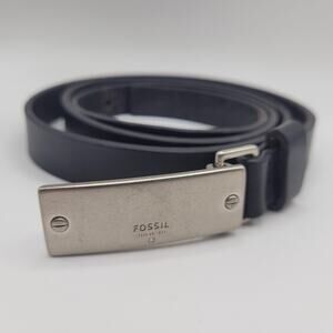 Fossil Belt Mens Large Black Leather Plaque Silver Buckle Skinny Casual Dress 90